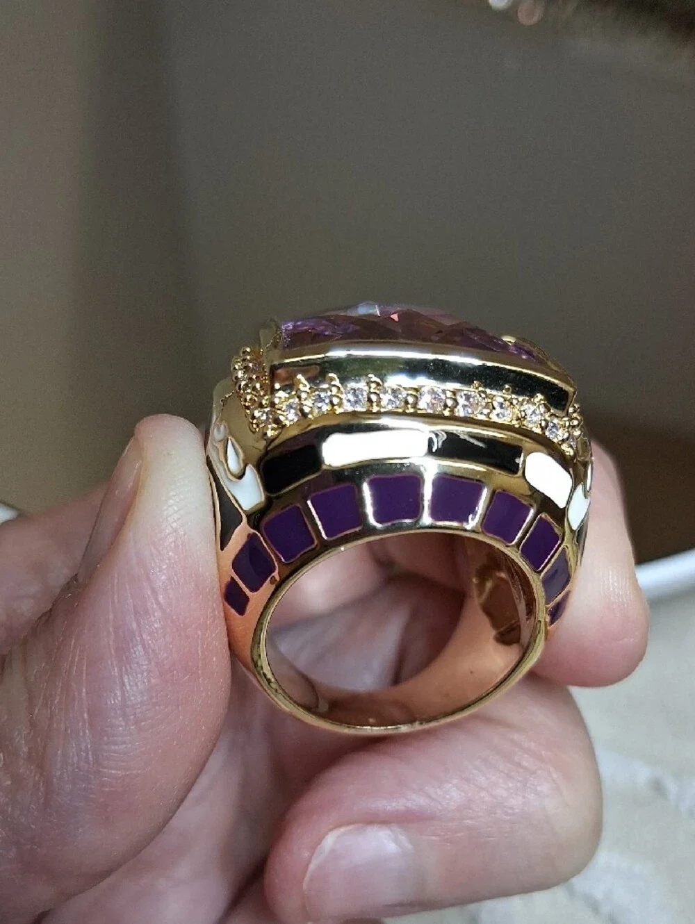 Brass Base and Enamel Ring with Square Faceted Purple Crystal